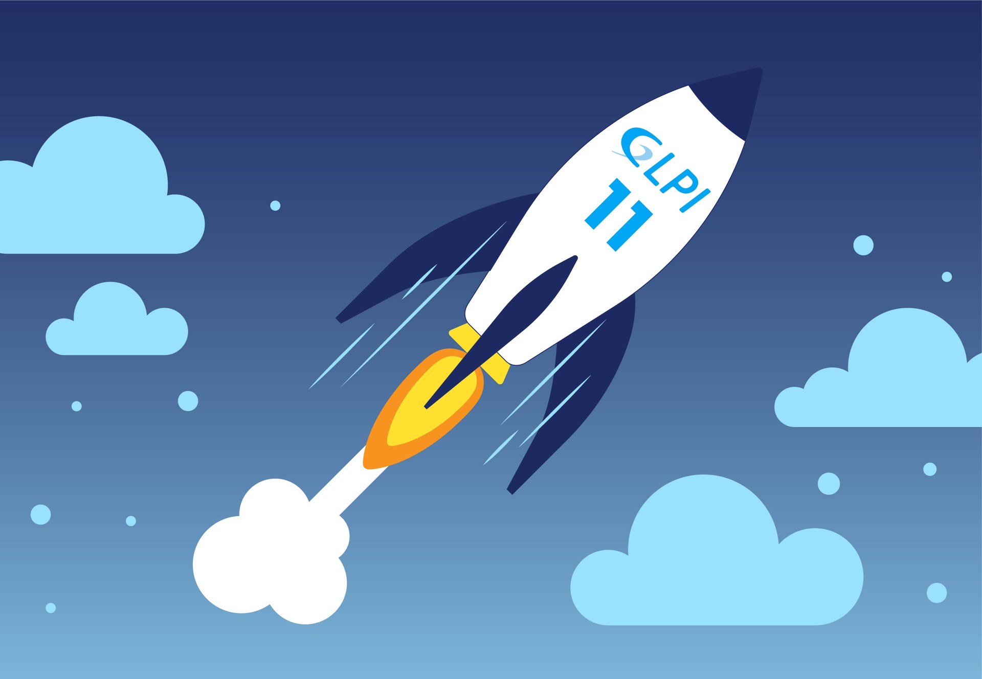 Image of a rocket taking off, with clouds representing the Cloud. GLPI 11 is released.